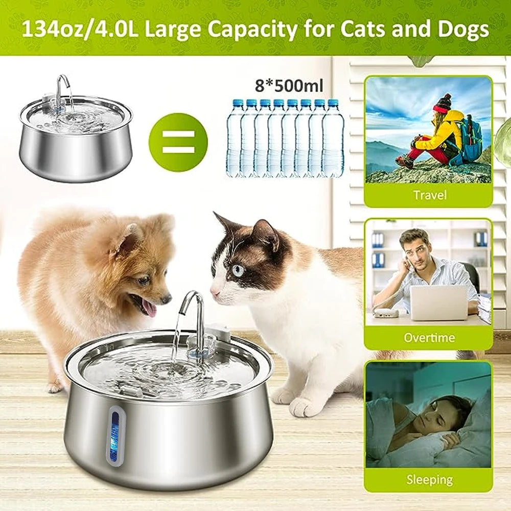 4L Stainless Steel Automatic Pet Water Dispenser Cat Water Fountain Ultra Quiet Dog Water Fountain with Filter Cat Products